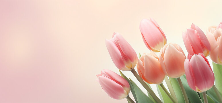 An arrangement of pastel tulips in soft yellows, pinks, and whites, creating a border around the image with copy space
