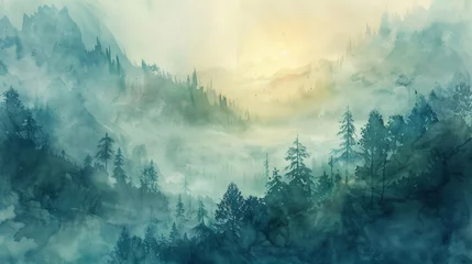 Foto op Aluminium Awaken to the majestic beauty of a mountain sunrise landscape, where fog and snow create a breathtaking vista that captivates the soul. © Pachara