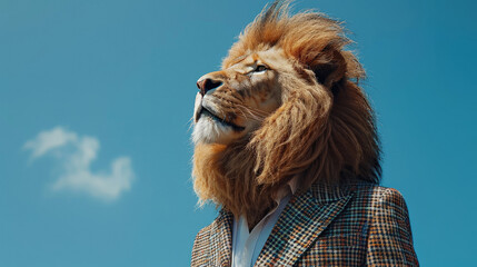 Regal lion in houndstooth suit posing under a clear blue sky