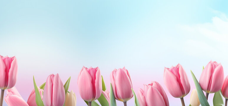 An arrangement of pastel tulips in soft yellows, pinks, and whites, creating a border around the image with copy space