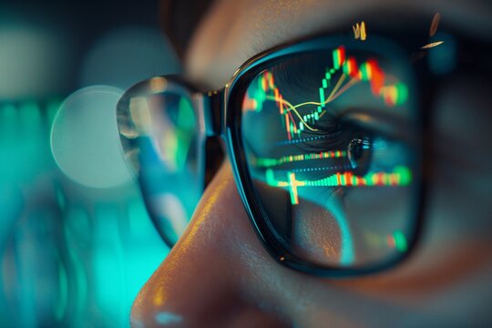 Closeup of an eye with glasses reflecting stock market charts focused analysis of financial data