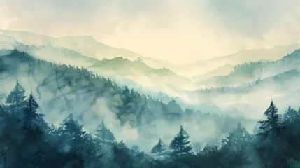 Foto op Canvas Mountain Sunrise Landscape with Fog and Snow © Pachara