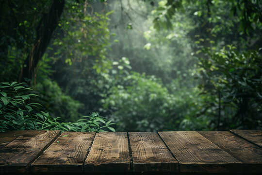 wooden table in a lush forest background in the style of photo realistic landscapes clear edge definition dark green and light brown rim light environmental awareness