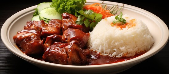 A white bowl filled with stewed pork knuckle served with jasmine rice, creating a hearty and...