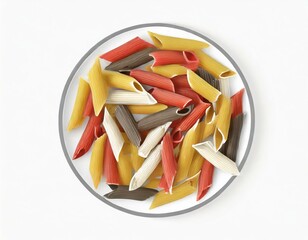 Overhead view of a plate with raw tricolore penne pasta white background