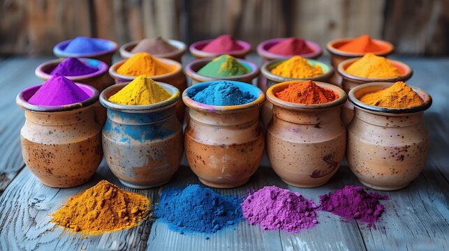 Array of Holi Color Powders in Traditional Pots A Rainbow of Holi Celebratory Tints
