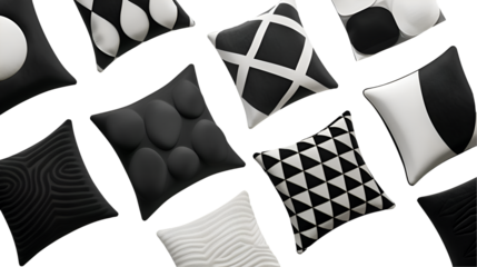  A top-down view of a collection of monochrome cushions, each featuring a distinct geometric motif arranged, Transparent background