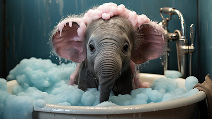 A small baby elephant is playing in the water and pink soap bubbles in the bathtub.