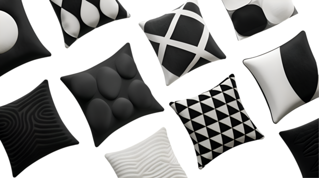  A top-down view of a collection of monochrome cushions, each featuring a distinct geometric motif arranged, Transparent background