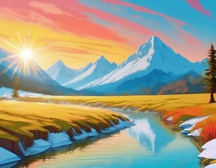 Painting style illustration, beautiful nature landscape panorama view of winter snow mountai