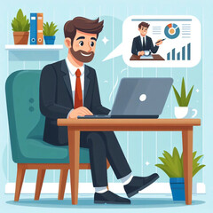 Businessman having online business meeting from home, vector illustration