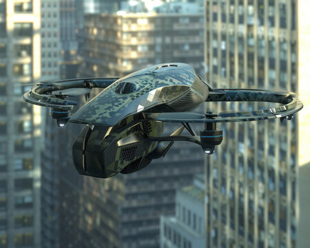 Sci-fi drone with adaptive camouflage, blending into the urban environment seamlessly