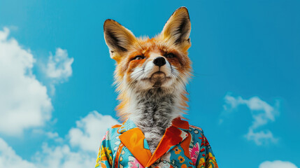 Fox in colorful abstract suit on bright blue sky background - obrazy, fototapety, plakaty