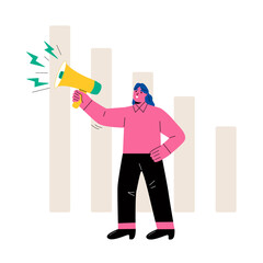 Business woman use megaphone benchmark. Cost unit. Quality time. Flat vector illustration isolated on white background