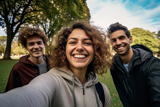 Selfie of friends in a park