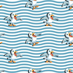 Fototapeta premium Vector pattern Seagull screaming, bright, sea bird, cartoon