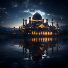 Fototapeta premium mosque near a body of water, its architectural details illuminated under the moonlight
