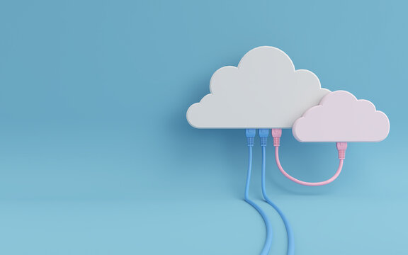 concept of cloud computing, white cloud symbol connect with cable network on blue background, 3d rendering.