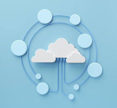 concept of cloud computing, white cloud symbol connect with cable network on blue background, 3d rendering.