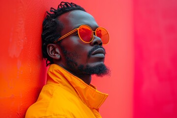 Man in yellow jacket with orange sunglasses poses against a vibrant red background, exuding cool urban style