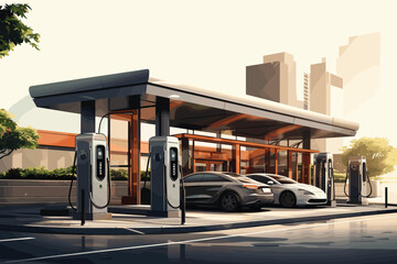 Electric modern car near Electric car charging station. power supply plugged into an vehicle. 3d rendering. - obrazy, fototapety, plakaty
