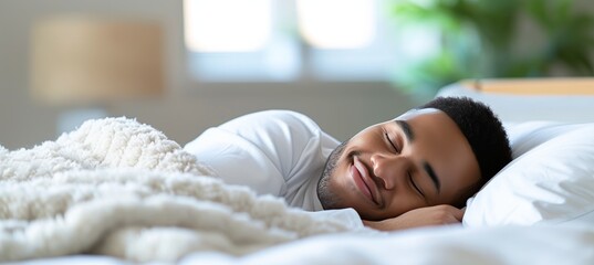 Serene african american man in white clothes sleeping on white bed with copy space