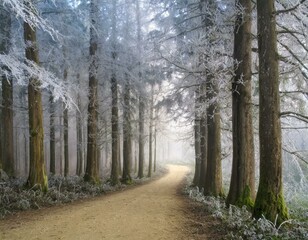 Road through a frosty winter forest, Aargau, Switzerland