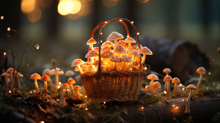 Cute mushrooms in a basket come out to catch the light in the forest