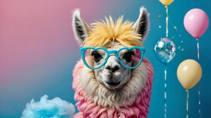 Naklejka premium Cute Llama. Simple alpaca head with sunglasses on blue background.