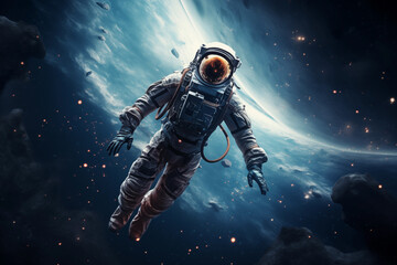 Fototapeta na wymiar Astronaut in outer space against the backdrop of the planet. 