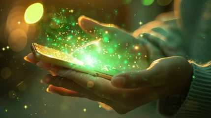 Foto op Plexiglas A person holding a handheld device that emits a soothing green light and gentle vibrations for cognitive enhancement. © Justlight