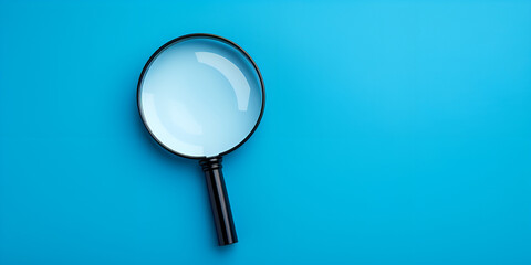 Top view of black magnifying glass on blue pastel surface. loupe for better vision. minimal design. exploration.
