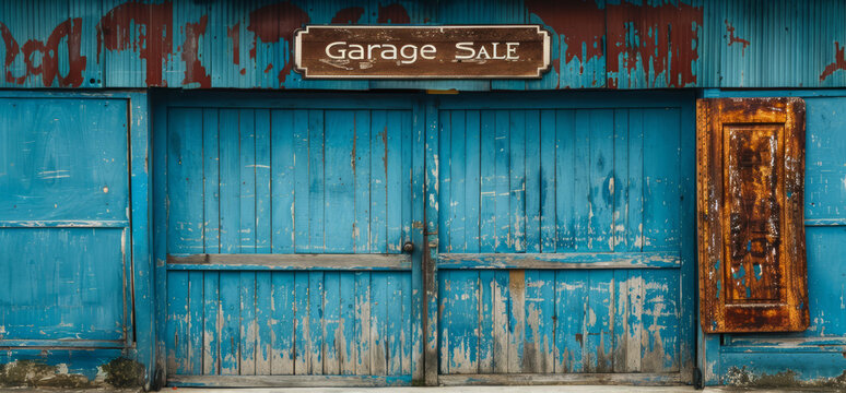 Blue wooden wall with the inscription Garage Sale.