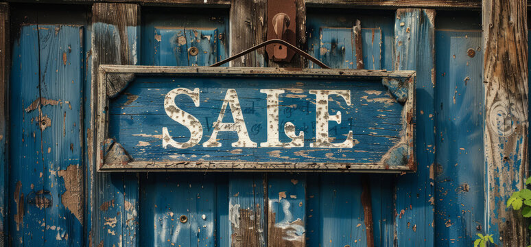 Blue wooden wall with the inscription Sale.