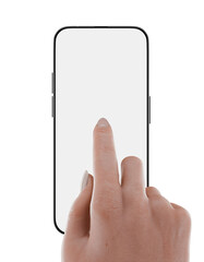 Obraz na płótnie Canvas Smartphone with a modern bezel-less design, a woman's hand tap on the screen, template for mobile application presentation or other advertising.