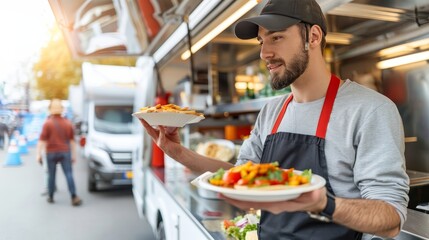 Vibrant food truck at urban food festival event with selective focus and copy space
