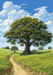 Fototapeta na wymiar Single tree with nature and blue sky background