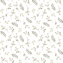 Watercolor seamless pattern with green leaves and twigs on a white background. For baby textiles, diapers, bed linen, wrapping paper, scrapbooking