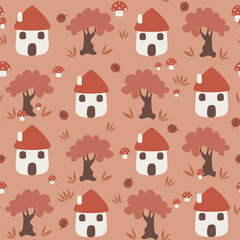 cute hand drawn cartoon seamless vector pattern illustration with country house, trees, leaves and mushrooms on pastel red background - 747122706
