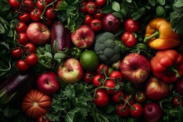 Arranged on a dark wooden table are a variety of green vegetables, including spinach, basil, broccoli, and tomatoes, highlighting healthy eating.