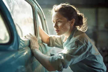 Poster Woman Peering into Vintage Car © MAXSHOT_PL