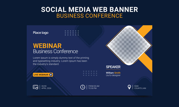 Webinar Business conference invitation concept modern horizontal web banner. Template for banner, web page development, banner, social media post design, web banner design.