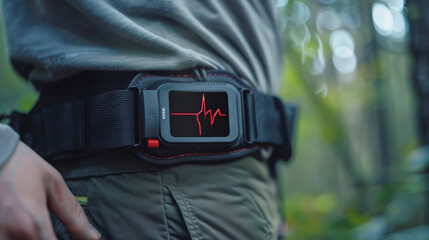 A detailed shot of a compact wireless ECG monitor attached to a belt offering realtime heart monitoring during physical activity.