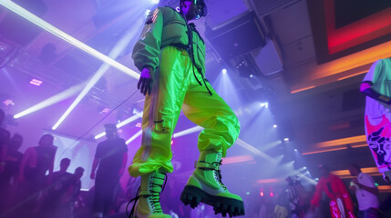 Amidst the flashing lights and techno music a man sports an oversized neon green suit complete with chunky platform boots. The eccentric fashion choices at the underground