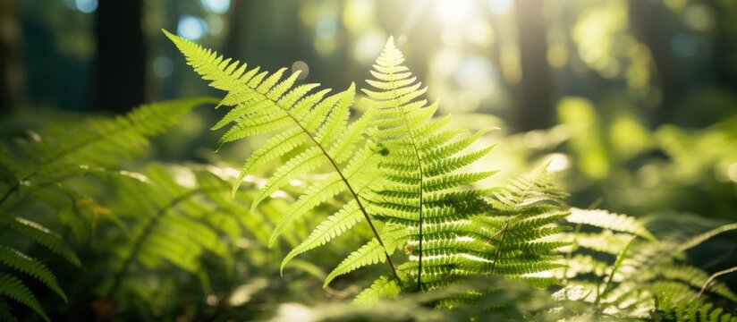 A detailed view of a single fern leaf in a lush forest, illuminated by the midday sun. The leafs intricate veins and vibrant green color are highlighted in the image.