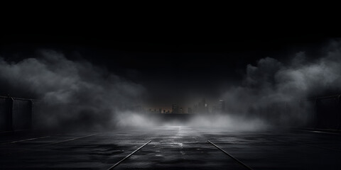 Dark street, night smog and smoke. Dark background of the night city, ray of light in the dark. Gloomy dark background. - obrazy, fototapety, plakaty