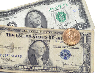 vintage retro old American money of one American dollar series 1935 banknote with George Washington, 2 dollars 1976 Thomas Jefferson, commemorative 1 dollar coin of Martin Van Buren, liberty statue