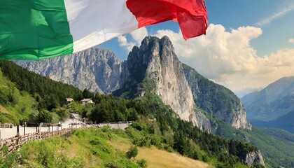 Italian flag in the iconic beautiful alpine landscape in Dolomites
