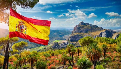 Spanish flag in the iconic beautiful rural landscape with mountains