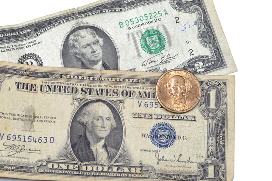 vintage retro old American money of one American dollar series 1935 banknote with George Washington, 2 dollars 1976 Thomas Jefferson, commemorative 1 dollar coin of Martin Van Buren, liberty statue